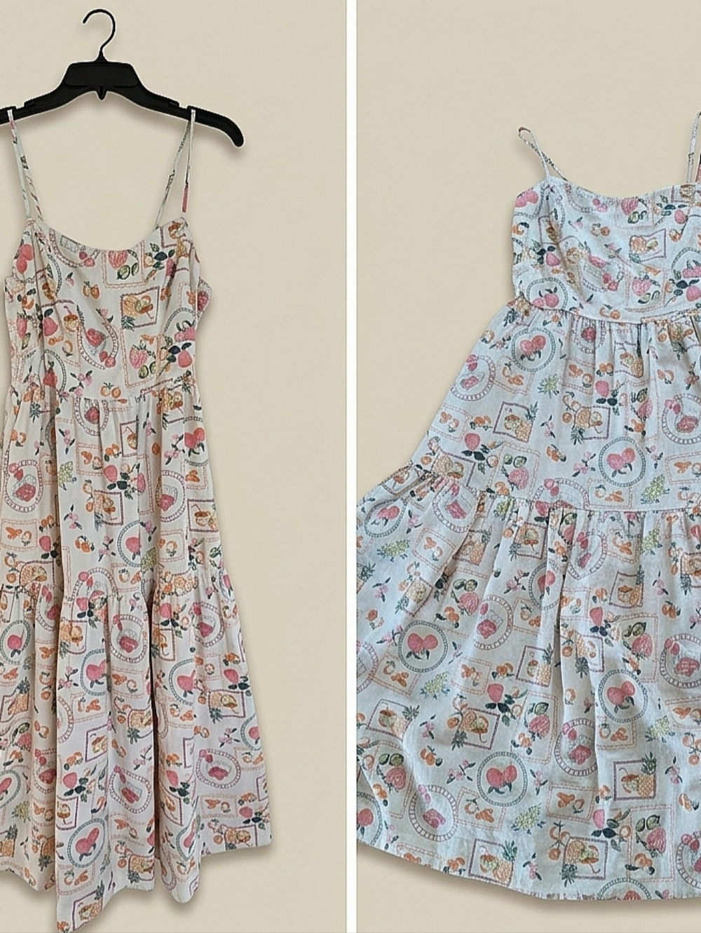 NWOT Linen Blend Fruit Print Tiered Midi Dress with Pockets L - Picture 2 of 13